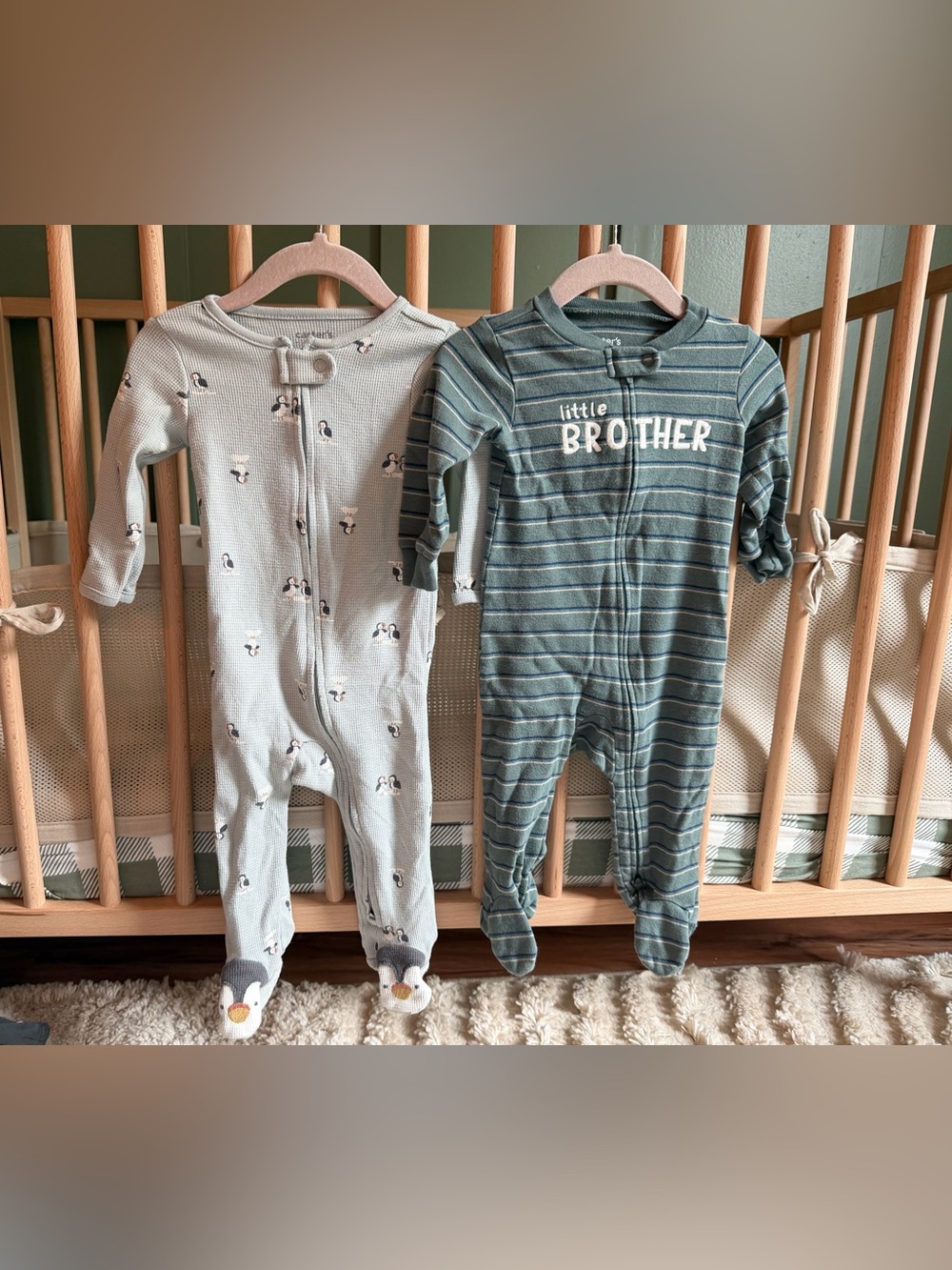 Carter's Light Sage Penguin Footed One-Piece & Green Stripe "Little Brother"